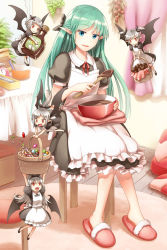 Rule 34 | 5girls, apron, aqua hair, basket, black bow, black dress, black wings, blue eyes, bow, bowl, candy, chair, chocolate, commentary request, demon wings, dress, food, frilled apron, frilled dress, frills, full body, grey hair, hair bow, high ponytail, holding, holding bowl, holding spoon, indoors, looking at viewer, maid, mini person, minigirl, multiple girls, natsuya (kuttuki), neck ribbon, open mouth, pointy ears, puffy short sleeves, puffy sleeves, red eyes, red footwear, red ribbon, ribbon, short hair, short sleeves, short twintails, slippers, smile, spoon, standing, table, twintails, two side up, venus blade, white apron, wings, wooden spoon