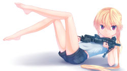 Rule 34 | 1girl, arm support, bad id, bad pixiv id, bare legs, barefoot, blonde hair, dreadtie, fang, feet, gun, highres, jessica jefferson, legs, legs up, long hair, mcmillan cs5, original, ponytail, red eyes, rifle, shorts, simple background, sniper rifle, soles, solo, toes, very long hair, weapon, white background