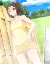 Rule 34 | 1girl, absurdres, blue eyes, breasts, brown hair, cleavage, gokukoku no brynhildr, hand on own hip, highres, legs, looking at viewer, medium breasts, side ponytail, stitched, thighs, third-party edit, towel, wakabayashi hatsuna