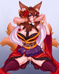 Rule 34 | 1girl, 2boys, animal ears, blue eyes, breasts, brown hair, bursting breasts, caleen keemosn, commission, eyeshadow, fellatio, flower, fox ears, fox girl, fox tail, hair flower, hair ornament, heart, heart-shaped pupils, highres, japanese clothes, kimono, large breasts, long hair, long sleeves, makeup, multiple boys, multiple tails, no panties, oral, penis, platform footwear, precum, pussy, pussy juice, pussy juice drip, ranpuchan, runes, signature, squatting, star ocean, star ocean anamnesis, symbol-shaped pupils, tail, thick thighs, thighhighs, thighs, uncensored