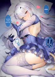 Rule 34 | !, !!, 1girl, ass, back, backless outfit, bed, blue dress, breasts, brown eyes, dress, english text, melusine (fate), fate/grand order, fate (series), foot out of frame, frills, full body, hair between eyes, heart, long hair, long sleeves, looking at viewer, lying, hugging object, on side, pillow, pillow hug, sidelocks, small breasts, solo focus, speech bubble, thighhighs, thighs, twitter username, unadon, white hair, white thighhighs