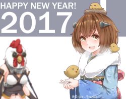 Rule 34 | 2017, 2girls, :d, = =, alternate costume, animal, animal costume, artist name, bare shoulders, bird, black gloves, blush, breasts, breath, brown hair, chicken, chinese zodiac, collar, cosplay, disco brando, elbow gloves, eyelashes, floral print, fur collar, gloves, happy new year, headgear, holding, holding animal, hotline miami, kantai collection, lompot, looking at viewer, mask, medium breasts, multiple girls, nagato (kancolle), navel, new year, open mouth, own hands together, richard (hotline miami), rooster mask, round teeth, sash, simple background, smile, stomach, teeth, twitter username, underbust, upper body, white background, year of the rooster, yellow eyes, yukikaze (kancolle)