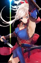 Rule 34 | 1girl, angry, armpits, black background, blue eyes, detached sleeves, dual wielding, eyepatch, fate/grand order, fate (series), highres, holding, japanese clothes, kouzuki kei, magatama, miyamoto musashi (fate), miyamoto musashi (second ascension) (fate), silver hair, solo, spoilers, thighhighs, vambraces