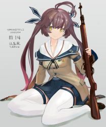 Rule 34 | 1girl, ahoge, battle rifle, blue skirt, blush, breasts, brown footwear, brown hair, character name, clothes writing, full body, girls&#039; frontline, grey background, gun, hair ribbon, highres, holding, holding gun, holding weapon, kesomaru, long hair, long sleeves, looking at viewer, m14, m14 (girls&#039; frontline), medium breasts, multicolored hair, pleated skirt, pocket, ribbon, rifle, shoes, simple background, sitting, skirt, smile, solo, thighhighs, twintails, two-tone hair, weapon, white thighhighs, yellow eyes