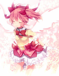 Rule 34 | 10s, 1girl, alternate costume, bad id, bad pixiv id, blush, bow, closed eyes, dress, gloves, hair bow, henshin, highres, kaname madoka, kneehighs, magical girl, mahou shoujo madoka magica, mahou shoujo madoka magica (anime), marotti, pink hair, revision, school uniform, smile, socks, solo, sparkle, twintails, white gloves, wings