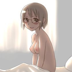 Rule 34 | 1girl, aaaa (quad-a), bad id, bad pixiv id, bed, blanket, blush, breasts, glasses, looking at viewer, nipples, nude, on bed, original, pillow, pov across bed, short hair, sitting, smile, solo, under covers, window