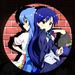 Rule 34 | 2girls, bad id, bad pixiv id, blouse, blue hair, bow, brick wall, crossover, dress shirt, food, frown, fruit, fueiku, hand on own hip, hand on own chest, hat, unworn hat, unworn headwear, hinanawi tenshi, holding, holding clothes, holding hat, idolmaster, idolmaster (classic), jacket, kisaragi chihaya, long hair, looking back, multiple girls, necktie, peach, red eyes, shadow, shirt, skirt, smile, spotlight, touhou, yellow eyes