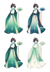 Rule 34 | 1boy, absurdres, androgynous, black hair, blue hair, blush, braid, chinese clothes, commentary, english commentary, floral print, flower, folding fan, full body, genshin impact, gradient hair, green eyes, hair flower, hair ornament, hand fan, hanfu, hat, hat flower, highres, holding, holding fan, long sleeves, looking at viewer, male focus, multicolored hair, nekojinnyart, open mouth, short hair with long locks, side braids, sidelocks, simple background, smile, solo, twin braids, venti (genshin impact), white background, white flower, wide sleeves