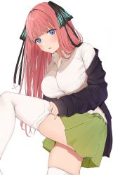 Rule 34 | 1girl, absurdres, black jacket, blue eyes, blush, breasts, collared shirt, commentary request, cowboy shot, fingernails, go-toubun no hanayome, green skirt, hair ornament, hair ribbon, highres, jacket, large breasts, long hair, long sleeves, looking at viewer, miniskirt, nail polish, nakano nino, open mouth, pink hair, pleated skirt, pulling own clothes, pulling off legwear, ribbon, shirt, simple background, skirt, sleeves past wrists, solo, thighhighs, thighs, uiri-na, white background, white shirt, white thighhighs, zettai ryouiki