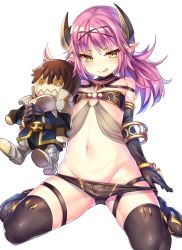 Rule 34 | 1girl, :q, bandeau, bangle, black gloves, black panties, black thighhighs, boots, bracelet, chain, character doll, cuffs, doll, elbow gloves, flat chest, gloves, groin, hairband, highres, holding, holding doll, horns, jewelry, long hair, looking at viewer, midriff, mokyu (kukoudesu), naughty face, navel, o-ring, o-ring top, panties, panty pull, pink hair, pointy ears, ponytail, prince (sennen sensou aigis), revealing clothes, rivuru (sennen sensou aigis), sennen sensou aigis, sitting, smile, solo, thigh boots, thigh strap, thighhighs, tongue, tongue out, underwear, wariza, yellow eyes