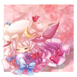 Rule 34 | 1girl, :&gt;, animal ears, bow, chibi, closed eyes, crescent, crescent moon, dog ears, dog tail, female focus, hair bow, hair ribbon, happy, hat, kemonomimi mode, moon, patchouli knowledge, purple hair, ribbon, solo, tail, touhou, yuya (night lily), zoom layer