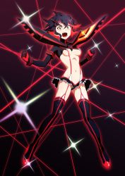 Rule 34 | 10s, 1girl, bad id, bad pixiv id, black hair, blue eyes, breasts, female focus, full body, highres, inja, kill la kill, life fiber, looking at viewer, matoi ryuuko, microskirt, multicolored hair, navel, open mouth, red hair, revealing clothes, senketsu, short hair, skirt, small breasts, solo, standing, thighhighs, trigger (company), two-tone hair, underboob