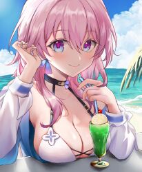 Rule 34 | 1girl, absurdres, bikini, blue eyes, blue sky, breasts, cloud, commentary request, day, drinking straw, food, hand up, highres, honkai: star rail, honkai (series), ice cream, large breasts, looking at viewer, march 7th (honkai: star rail), ocean, pink hair, purple eyes, raramente, sky, smile, solo, swimsuit, two-tone eyes, upper body, water, white bikini