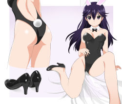 Rule 34 | 1girl, alternate costume, animal ears, arm support, ass, back, bad id, bad pixiv id, bare back, bare legs, bare shoulders, bed, black hair, bow, bowtie, breasts, rabbit ears, rabbit tail, playboy bunny, commission, detached collar, fake animal ears, female focus, high heels, karurosugon, kuroki rei, legs, leotard, long hair, looking at viewer, purple eyes, purple hair, serious, shoes, sitting, solo, standing, tail, vividred operation
