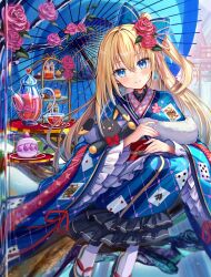 Rule 34 | 1girl, akabane (zebrasmise), blonde hair, blue bow, blue eyes, blue kimono, blue umbrella, blush, bow, cream puff, cup, cupcake, earrings, flower, food, frilled sleeves, frills, hair bow, hair flower, hair ornament, highres, japanese clothes, jewelry, kimono, long hair, long sleeves, okobo, original, pink flower, pitcher (container), playing card print, red bow, red flower, red ribbon, ribbon, sandals, side ponytail, socks, solo, stuffed animal, stuffed rabbit, stuffed toy, tiered tray, umbrella, white socks, wide sleeves