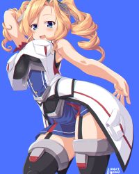 Rule 34 | 1girl, armpits, bare arms, bare shoulders, blonde hair, blue background, blue eyes, blush, breasts, cowboy shot, dd (ijigendd), drill hair, garter straps, hair between eyes, headgear, highres, honolulu (kancolle), kantai collection, large breasts, long hair, looking at viewer, open mouth, simple background, sleeveless, smile, solo, thigh strap, thighhighs, twin drills, twintails