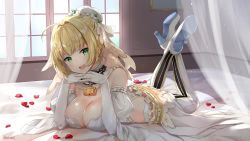 Rule 34 | 10s, 1girl, :d, ahoge, bed, blonde hair, blush, boots, breasts, chain, cleavage, collar, curtains, detached collar, detached sleeves, elbow gloves, fate/extra, fate/extra ccc, fate/grand order, fate (series), flower, gloves, green eyes, hair flower, hair intakes, hair ornament, highres, indoors, interlocked fingers, juliet sleeves, kaetzchen, large breasts, leotard, lock, long sleeves, lying, nero claudius (bride) (fate), nero claudius (bride) (second ascension) (fate), nero claudius (fate), nero claudius (fate) (all), on stomach, open mouth, padlock, petals, puffy sleeves, signature, smile, solo, strapless, strapless leotard, teeth, thigh boots, thighhighs, transparent, upper teeth only, veil, white collar, white flower, white footwear, white gloves, white leotard, white thighhighs, window