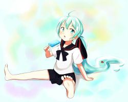 Rule 34 | 1girl, aged down, ahoge, barefoot, bottle miku, feet, fish, food, green eyes, green hair, hatsune miku, liquid hair, long hair, low twintails, makoto (bk69and7), matching hair/eyes, open mouth, ponytail, popsicle, school uniform, serafuku, sitting, skirt, soles, solo, spread legs, toes, twintails, very long hair, vocaloid