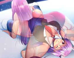 Rule 34 | 2girls, all fours, animal ears, ass, blush, breasts, from behind, large breasts, long hair, looking at viewer, multiple girls, niwatori (eck16614), one eye closed, patchouli knowledge, purple hair, rabbit ears, red eyes, reisen udongein inaba, see-through, shirt, sweat, thighs, touhou, wrestling, wrestling outfit, wrestling ring