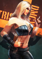 Rule 34 | 1girl, absurdres, bare shoulders, belt, black nails, black pants, blonde hair, breasts, character name, choker, cigarette, devil may cry (series), devil may cry 5, hand on own hip, highres, long hair, looking at viewer, monori rogue, nail polish, navel, pants, smoke, solo, standing, stomach, strapless, trish (devil may cry), tube top, upper body