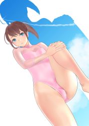 Rule 34 | 1girl, blue sky, breasts, brown hair, clip studio paint (medium), cloud, commentary request, cowboy shot, green eyes, highres, kwzp2522, leotard, looking at viewer, lying, original, pink leotard, short hair, silhouette, sky, small breasts, solo, stretching