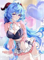 Rule 34 | 1girl, absurdres, ahoge, arm support, balloon, blue hair, breasts, camisole, cleavage, commentary request, cowboy shot, crop top, ganyu (genshin impact), genshin impact, hamonji, highres, horns, large breasts, long hair, looking at viewer, midriff, miniskirt, nail polish, parted lips, pink nails, purple eyes, shrug (clothing), skirt, solo, spaghetti strap, thighhighs, thighs, very long hair, white skirt, white thighhighs