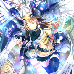 Rule 34 | 1girl, belt, between breasts, blonde hair, bouncing breasts, breasts, copyright name, edia, eigou no venus gear, closed eyes, flying, highres, jewelry, large breasts, lens flare, long hair, lots of jewelry, lucifer (eigou no venus gear), making-of available, mechanical wings, no bra, scarf, short shorts, shorts, smile, solo, bouncing breasts, underboob, wings, yamacchi