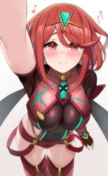 Rule 34 | 1girl, blush, chest jewel, closed mouth, clothing cutout, commentary request, covered navel, cowboy shot, gluteal fold, hair between eyes, highres, kibihimi, looking at viewer, pyra (xenoblade), short shorts, shorts, side cutout, sidelocks, simple background, skindentation, smile, solo, standing, white background, xenoblade chronicles (series), xenoblade chronicles 2