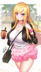 Rule 34 | 1girl, absurdres, bag, black jacket, blonde hair, blush, bracelet, breasts, cleavage, commentary, cup, disposable cup, earrings, english commentary, frilled skirt, frills, grin, handbag, highres, hoop earrings, huge filesize, jacket, jewelry, large breasts, long hair, mole, mole under eye, nail polish, necklace, nez-box, original, pink eyes, pink skirt, red nails, shirt, skirt, smile, solo, thighs, white shirt