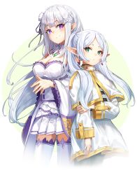 Rule 34 | 2girls, absurdres, breasts, capelet, cleavage, closed mouth, commentary request, crossover, detached sleeves, earrings, elf, emilia (re:zero), frieren, green background, green eyes, grey hair, highres, jewelry, looking at viewer, m.tokotsu, medium breasts, multiple girls, pointy ears, purple eyes, re:zero kara hajimeru isekai seikatsu, skirt, smile, sousou no frieren, twintails, two-tone background, white background, white capelet, white skirt, white sleeves