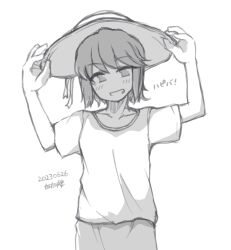 Rule 34 | 1girl, alternate costume, artist name, cowboy shot, dated, greyscale, grin, hat, highres, holding, holding clothes, holding hat, kantai collection, looking at viewer, miyuki (kancolle), monochrome, shirt, smile, solo, sun hat, t-shirt, tatahai