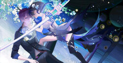 Rule 34 | 1boy, 1girl, black pants, commentary, dress, english commentary, engrish commentary, flower, genshin impact, hair flower, hair ornament, hand on another&#039;s chin, highres, holding, holding sword, holding weapon, looking at another, lumine (genshin impact), minty0, open mouth, pants, short hair, single thighhigh, sleeveless, sleeveless dress, sleeves past elbows, smile, sword, tartaglia (genshin impact), thighhighs, torn clothes, weapon, white flower, yellow eyes