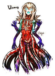 Rule 34 | 1girl, blonde hair, blue eyes, bright pupils, character name, colored skin, commentary request, dated, eldritch abomination, extra arms, glowing, glowing mouth, highres, kotoba noriaki, looking at viewer, magic: the gathering, monster girl, multicolored skin, open mouth, personification, signature, simple background, solo, tentacles, ulamog the infinite gyre, white background, white pupils