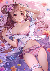 Rule 34 | 1girl, animal ears, antenna hair, arknights, arm up, bare shoulders, bikini, blue flower, blush, breasts, bridal garter, brown hair, collarbone, commentary request, cowboy shot, eyjafjalla (arknights), eyjafjalla (summer flower) (arknights), flower, hair flower, hair ornament, hand up, hibiscus, highres, horns, long hair, looking at viewer, lying, medium breasts, midriff, navel, official alternate costume, on back, parted lips, partially submerged, petals, pink bikini, pink eyes, pink flower, plaid, plaid bikini, purple flower, red flower, shaoxiao, sheep ears, sheep girl, sheep horns, solo, swimsuit, water, wet, yellow flower