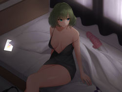 Rule 34 | 1girl, areola slip, bare shoulders, bed sheet, black dress, blue eyes, breasts, breasts apart, cellphone, cleavage, closed mouth, collarbone, dildo, dress, green eyes, green hair, heterochromia, highres, idolmaster, idolmaster cinderella girls, large breasts, looking to the side, mole, mole under eye, no bra, on bed, phone, pillow, senju (snz0), sex toy, short dress, short hair, sitting, smile, solo, strap slip, takagaki kaede, thighs