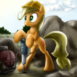 Rule 34 | 1girl, body fur, brown theme, cable, cutie mark, day, female focus, full body, furry, furry female, hard hat, helmet, hooves, jackhammer, legs apart, my little pony, my little pony: friendship is magic, outdoors, pony (animal), power tool, snout, solo, standing, watermark, web address