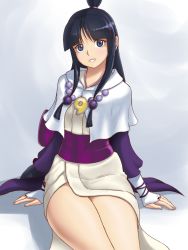 Rule 34 | 1girl, ace attorney, beads, black hair, capcom, finalcake, half updo, japanese clothes, jewelry, looking at viewer, maya fey, necklace, phoenix wright: ace attorney - spirit of justice, simple background, sitting, solo