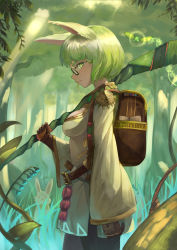 Rule 34 | 1girl, animal, animal ears, backpack, bag, belt, black pants, blunt bangs, breasts, brown gloves, cleavage cutout, clothing cutout, day, flower, forest, from side, gloves, grass, green eyes, green hair, highres, holding, holding staff, lard (kumazakiyuta), leaf, light rays, long sleeves, medium breasts, nature, original, outdoors, over shoulder, pants, plant, profile, rabbit, shirt, short hair, sideways glance, sleeves past wrists, slit pupils, solo, staff, strap, sunbeam, sunlight, tree, white shirt, wide sleeves