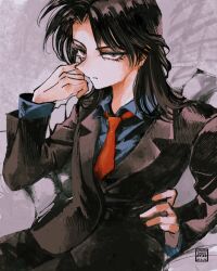 Rule 34 | 1boy, artist name, black hair, black jacket, black pants, blazer, brown eyes, closed mouth, collared shirt, commentary request, cowboy shot, dated, expressionless, formal, grey shirt, hand on own hip, highres, ichijou seiya, jacket, kaiji, long hair, long sleeves, looking at viewer, male focus, medium bangs, necktie, pants, red necktie, shirt, sitting, solo, suit, unknown03162