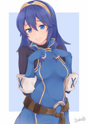 Rule 34 | 1girl, artist name, bad id, bad pixiv id, belt, blue background, blue eyes, blue gloves, blue hair, blush, breasts, cowboy shot, darahan, elbow gloves, embarrassed, fingerless gloves, fire emblem, fire emblem awakening, gloves, hair between eyes, hands on own chest, long hair, lucina (fire emblem), nintendo, ribbed shirt, shirt, signature, simple background, small breasts, solo, symbol-shaped pupils, tiara, two-tone background, white background