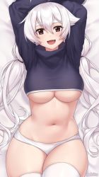 Rule 34 | 1girl, :d, arms up, artist name, ass, bed sheet, black shirt, breasts, brown eyes, commentary, cropped shirt, dakimakura (medium), english commentary, highres, iwbitu, large breasts, long hair, long sleeves, looking at viewer, low twintails, lying, navel, no pants, nyopu, on back, open mouth, original, panties, shirt, smile, solo, thighhighs, twintails, underboob, underwear, white hair, white panties, white thighhighs