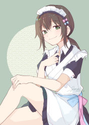 Rule 34 | 1girl, alternate costume, apron, brown hair, dated, enmaided, fubuki (kancolle), green eyes, hiroi09, kantai collection, looking at viewer, low ponytail, maid, maid apron, maid headdress, ponytail, signature, sitting, smile, solo