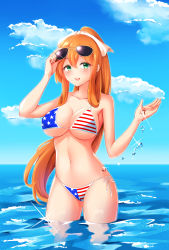 Rule 34 | 1girl, absurdres, adjusting eyewear, alternate costume, american flag bikini, american flag print, armpits, bare shoulders, bikini, bloody0rabby, blue sky, blush, breasts, brown hair, cleavage, collarbone, day, flag print, girls&#039; frontline, green eyes, hair between eyes, hair ribbon, hair rings, hand on eyewear, hand up, highres, large breasts, long hair, looking at viewer, navel, ocean, open mouth, outdoors, partially submerged, ponytail, print bikini, ribbon, side-tie bikini bottom, sidelocks, sky, smile, solo, sparkle, springfield (girls&#039; frontline), stomach, sunglasses, sunglasses on head, swimsuit, wading, white ribbon