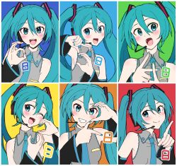 Rule 34 | 1girl, :d, bare shoulders, black sleeves, blue eyes, blue hair, blue necktie, blush, border, closed mouth, collared shirt, detached sleeves, dot nose, finger gun, frilled shirt, frills, grey shirt, grin, hair between eyes, hair ornament, hand gesture, hands up, hatsune miku, highres, index finger raised, long hair, long sleeves, looking at viewer, multiple views, necktie, ok sign, open mouth, shirt, sidelocks, sleeveless, sleeveless shirt, smile, supo01, teeth, twintails, upper body, upper teeth only, v, variations, vocaloid, white border