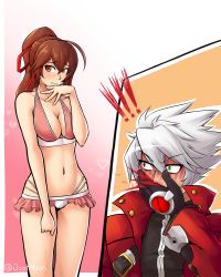 Rule 34 | 1boy, 1girl, ahoge, antenna hair, blazblue, blood, blush, breasts, celica a. mercury, dootmoon, embarrassed, hair ribbon, highres, looking away, nosebleed, ragna the bloodedge, red eyes, revision, ribbon, shy, swimsuit, twitter username, white hair