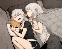 Rule 34 | 2girls, biting, black shirt, black shorts, blouse, breasts, camisole, cleavage, dolphin shorts, ear biting, ear licking, closed eyes, from above, frown, gogalking, grey shorts, highres, holding, holding pillow, licking, long hair, lying, medium breasts, medium hair, multiple girls, on side, open mouth, original, pillow, pointy ears, shirt, shorts, siblings, sisters, sleeping, sweatdrop, vampire&#039;s sister (gogalking), vampire (gogalking), white camisole, white hair, yuri