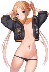 Rule 34 | 1girl, abigail williams (fate), absurdres, black jacket, black panties, blonde hair, blue eyes, blush, breasts, collarbone, contrapposto, cowboy shot, crop top, crop top overhang, cropped jacket, fate/grand order, fate (series), gluteal fold, highres, holding, holding own hair, jacket, kopaka (karda nui), long hair, long sleeves, looking at viewer, navel, open clothes, open jacket, panties, parted bangs, sidelocks, small breasts, solo, thighs, twintails, underwear