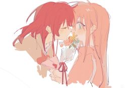 Rule 34 | 2girls, blue eyes, blue flower, blush, bocchi the rock!, bouquet, commentary request, flower, gotoh hitori, highres, holding, holding bouquet, imminent kiss, jacket, kita ikuyo, lingyi (yanjukaoe), long hair, multiple girls, pink flower, pink hair, pink jacket, red hair, school uniform, simple background, track jacket, white background, yellow flower, yuri