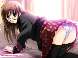 Rule 34 | 00s, 1girl, 2006, ahoge, all fours, artist name, ass, black pantyhose, blazer, blue panties, blush, breasts, brown hair, clothes pull, couch, galge.com, game cg, glasses, green eyes, jacket, large breasts, long hair, looking at viewer, looking back, miniskirt, open clothes, open mouth, open shirt, panties, pantyhose, pantyhose pull, plaid, plaid skirt, pleated skirt, school uniform, shirt, sideboob, skirt, solo, striped clothes, striped panties, trefoil, underwear, wallpaper, watermark, yukirin