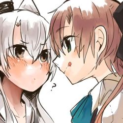 Rule 34 | 10s, 2girls, :d, ?, akigumo (kancolle), amatsukaze (kancolle), bad id, bad twitter id, blush, bow, bowtie, breasts, brown eyes, brown hair, eye contact, green eyes, hair ribbon, hair tubes, itomugi-kun, kantai collection, long hair, long sleeves, looking at another, lowres, multiple girls, open mouth, ponytail, ribbon, school uniform, shirt, silver hair, smile, tongue, tongue out, twintails, vest